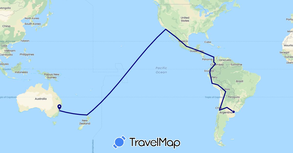 TravelMap itinerary: driving in Argentina, Australia, Bolivia, Chile, Colombia, Ecuador, Mexico, New Zealand, Peru, United States (North America, Oceania, South America)